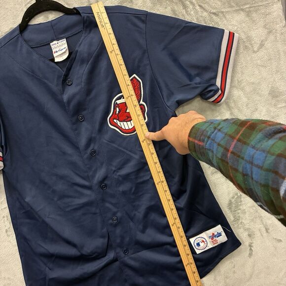 Vintage Majestic Cleveland Indians Jersey Mens L Blue Chief Wahoo Stitched Logo - Picture 6 of 9